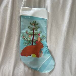 Festive Blue Holiday Stocking with Brown Rabbit Design